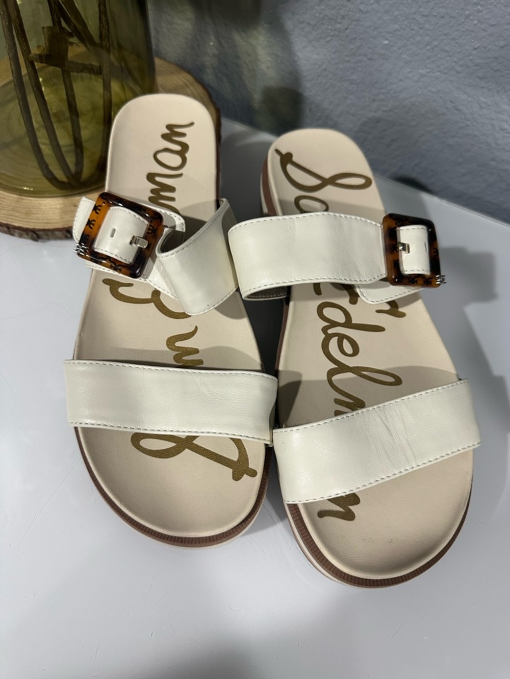 Sam Edelman Augustine Cream Platform Slide Sandals  Tortoiseshell Buckle Sz 8.5 - Picture 2 of 8